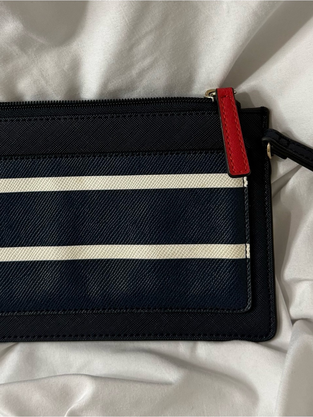 Striped Navy Wristlet Pouch with Red Zip Pull
